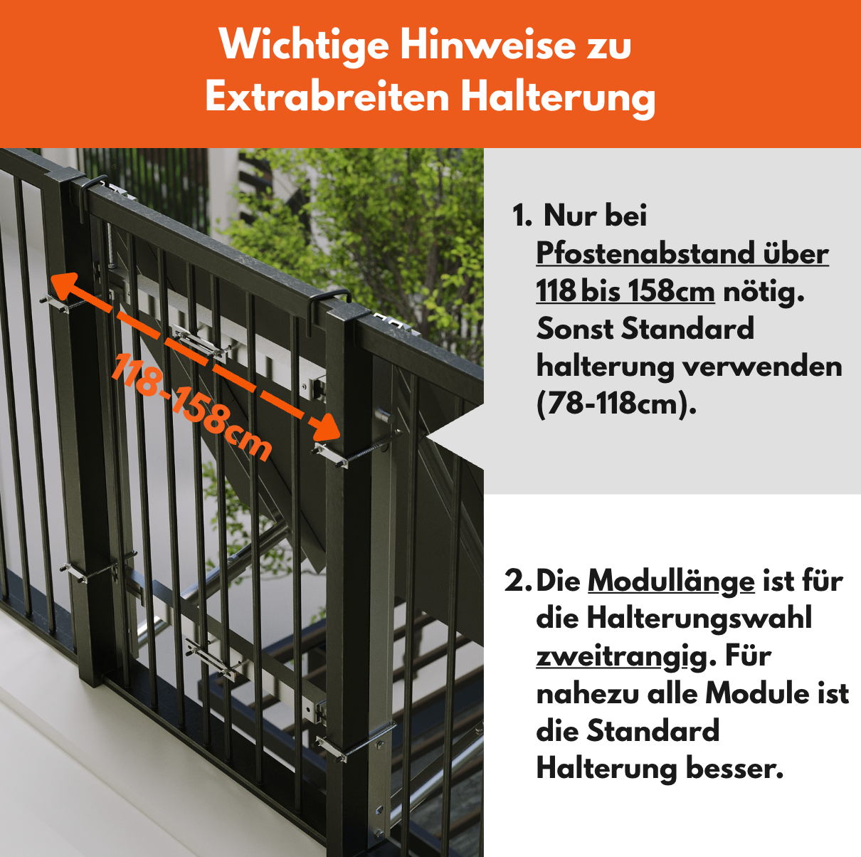 Hinweise zur extrabreiten Balkonkraftwerk Halterung für Pfostenabstände von 118 bis 158 cm
