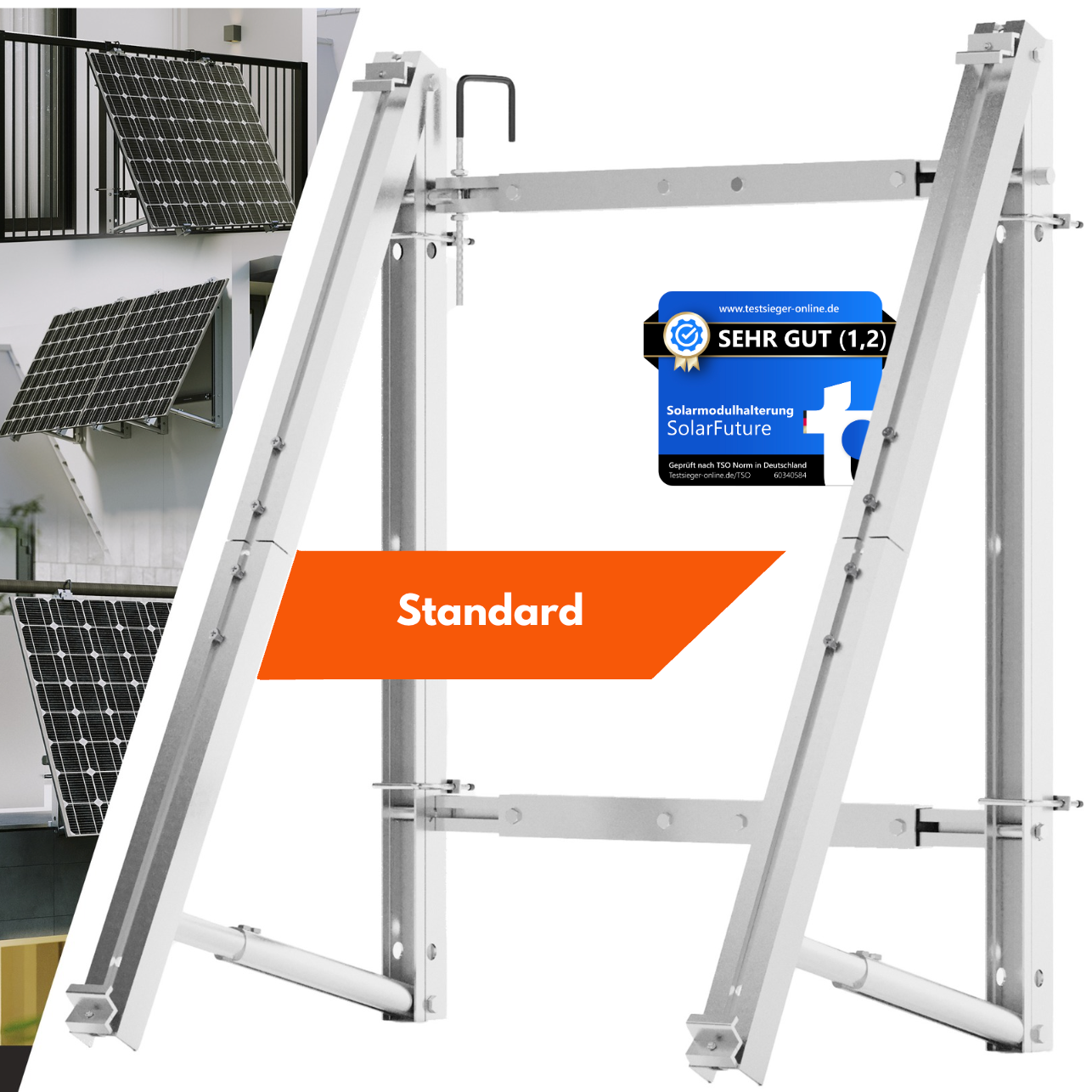 Balkonkraftwerk Halterung Standard in Silber mit montiertem Solarmodul