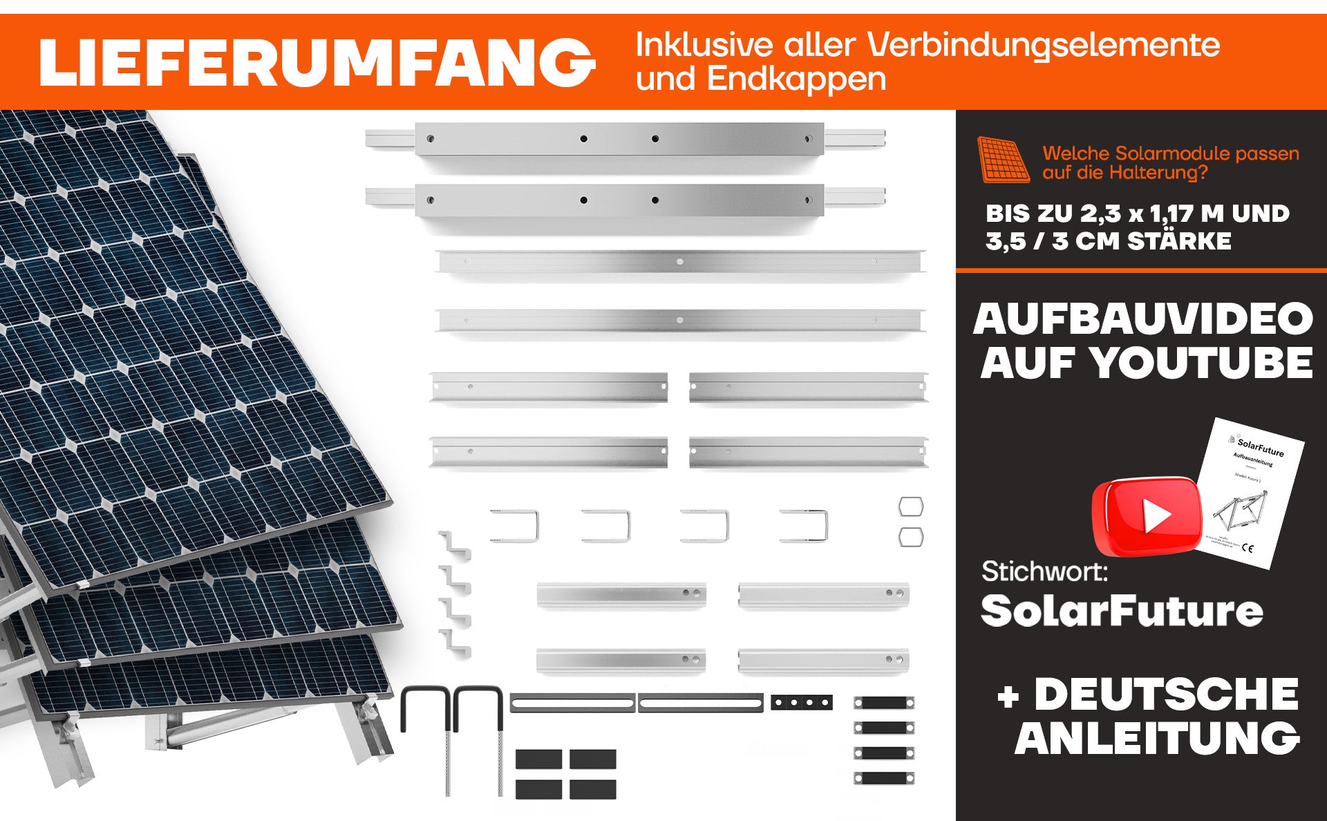 Lieferumfang Balkonkraftwerk Halterung: Profile, Verbindungselemente, Haken
