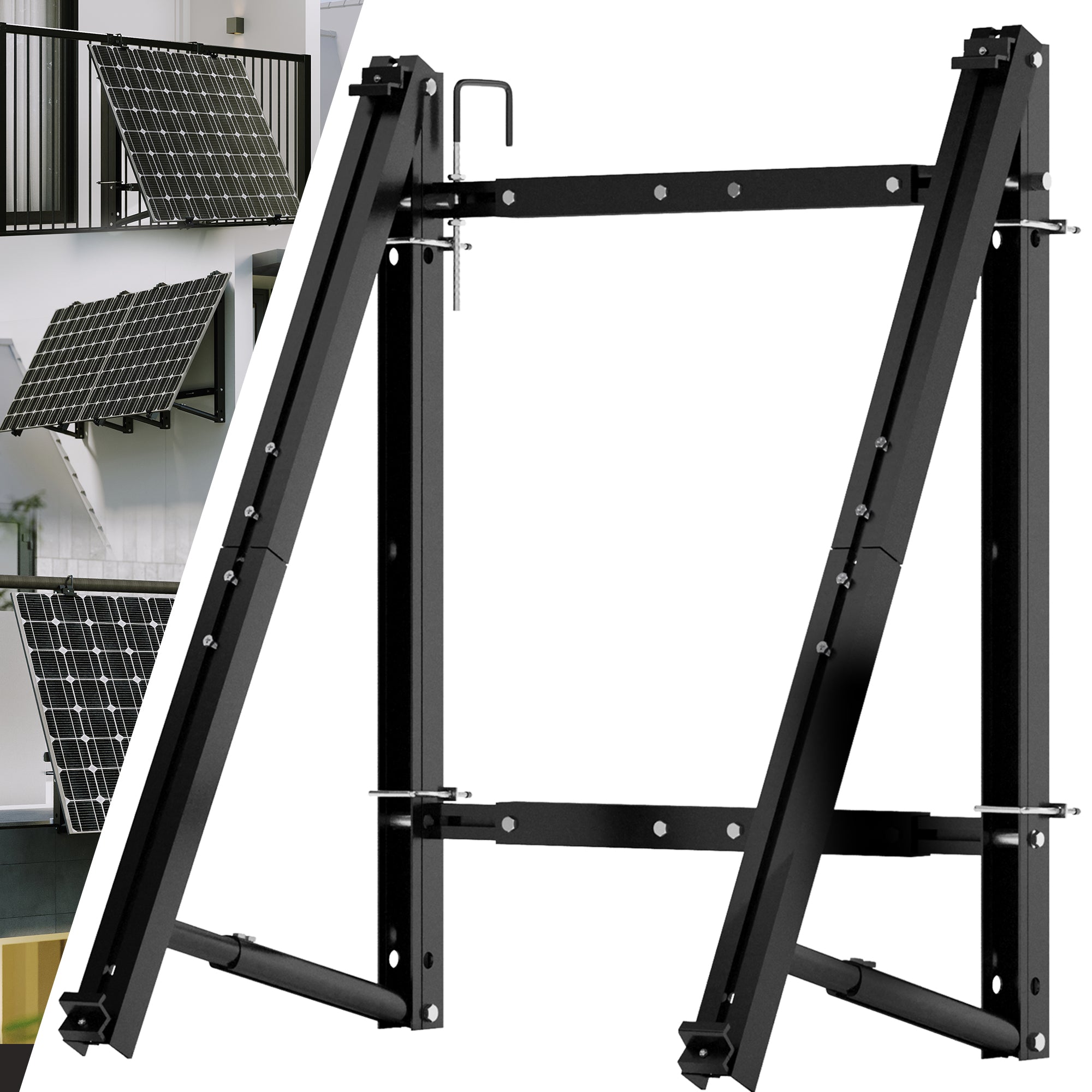 Balkonkraftwerk Halterung Standard in Schwarz mit Solarmodul an verschiedenen Balkonen