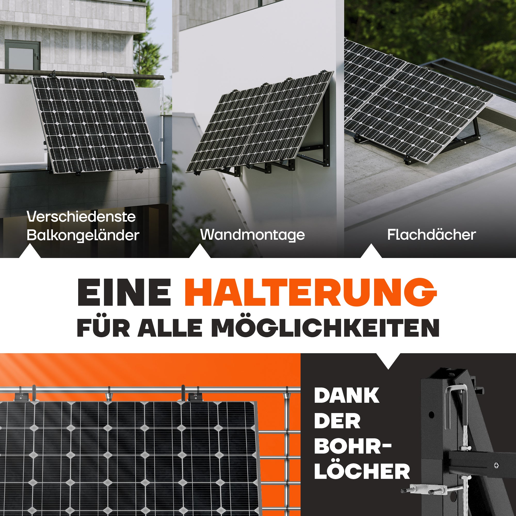 Eine Balkonkraftwerk Halterung für Balkongeländer, Wandmontage und Flachdächer