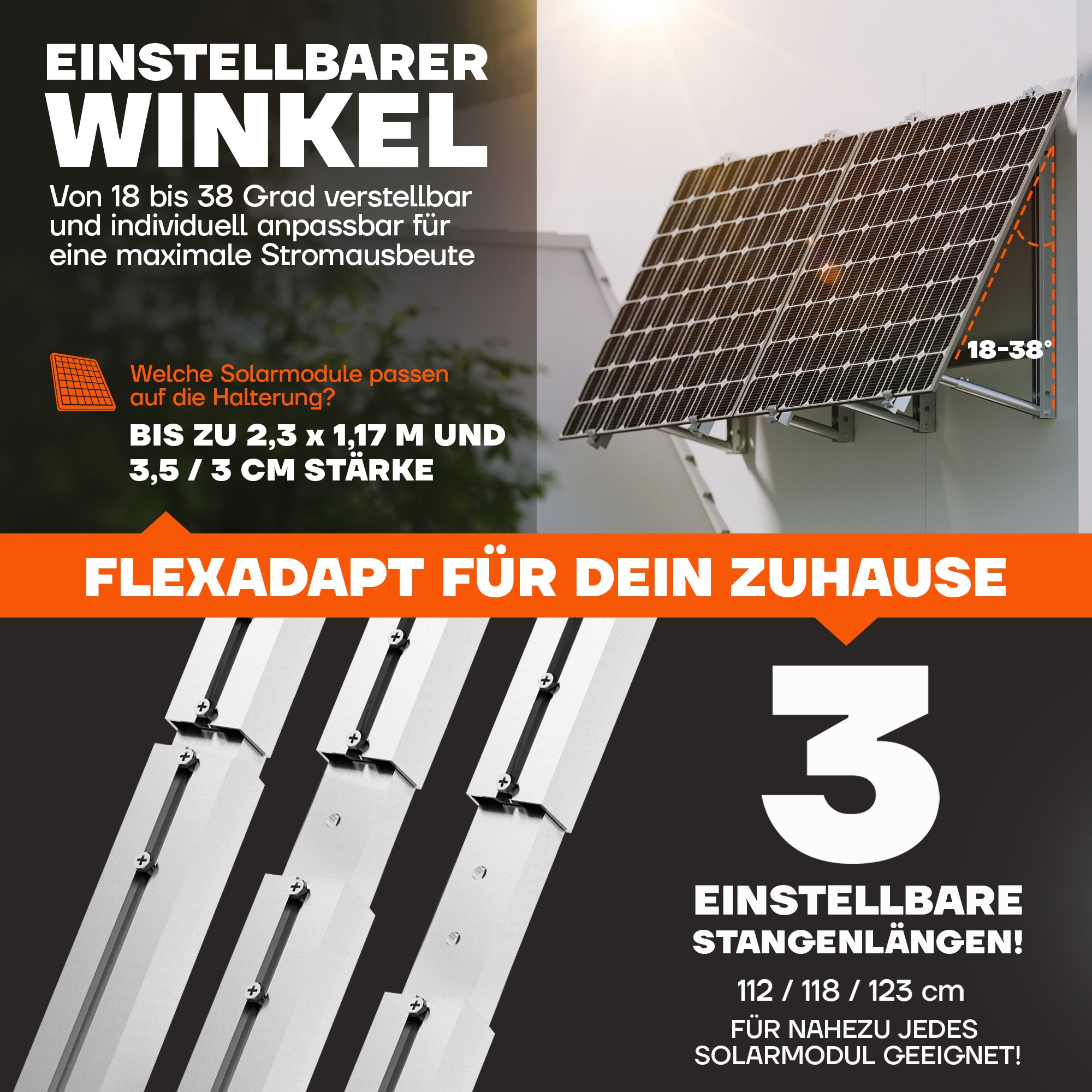 Balkonkraftwerk Halterung mit einstellbarem Winkel von 18 bis 38 Grad und drei Stangenlängen