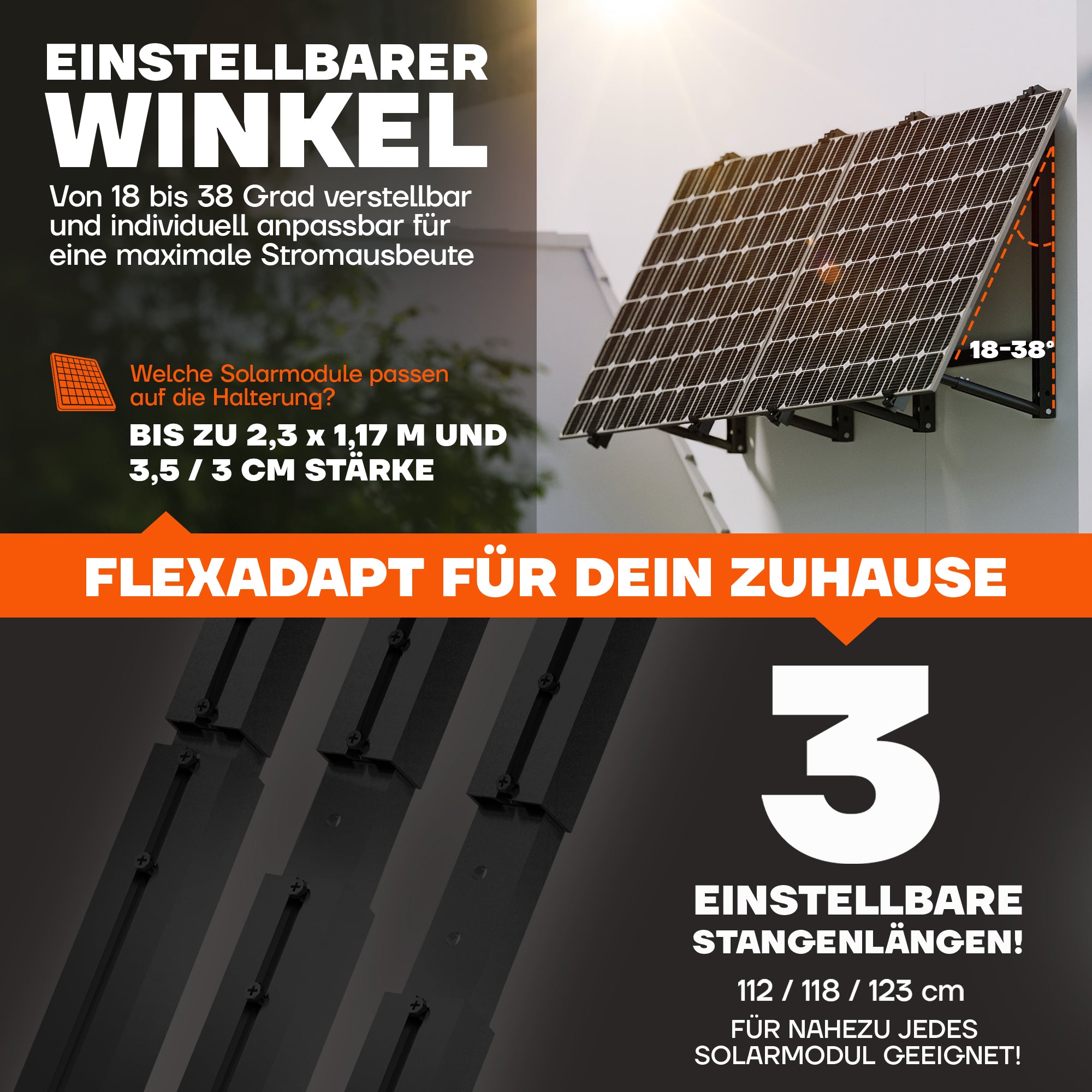 Balkonkraftwerk Halterung mit einstellbarem Neigungswinkel und drei Stangenlängen