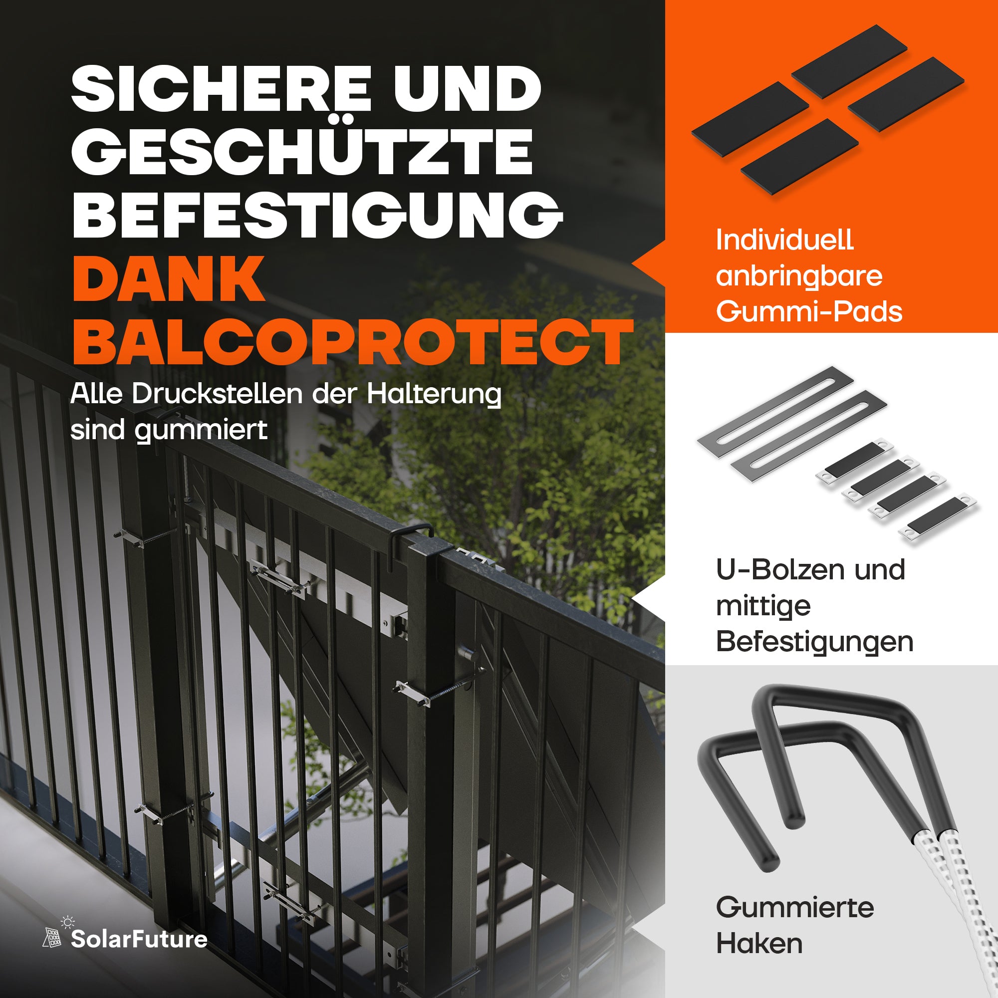 BalcoProtect-Befestigung der Balkonkraftwerk Halterung: gummierte Kontaktstellen, U-Bolzen und Haken