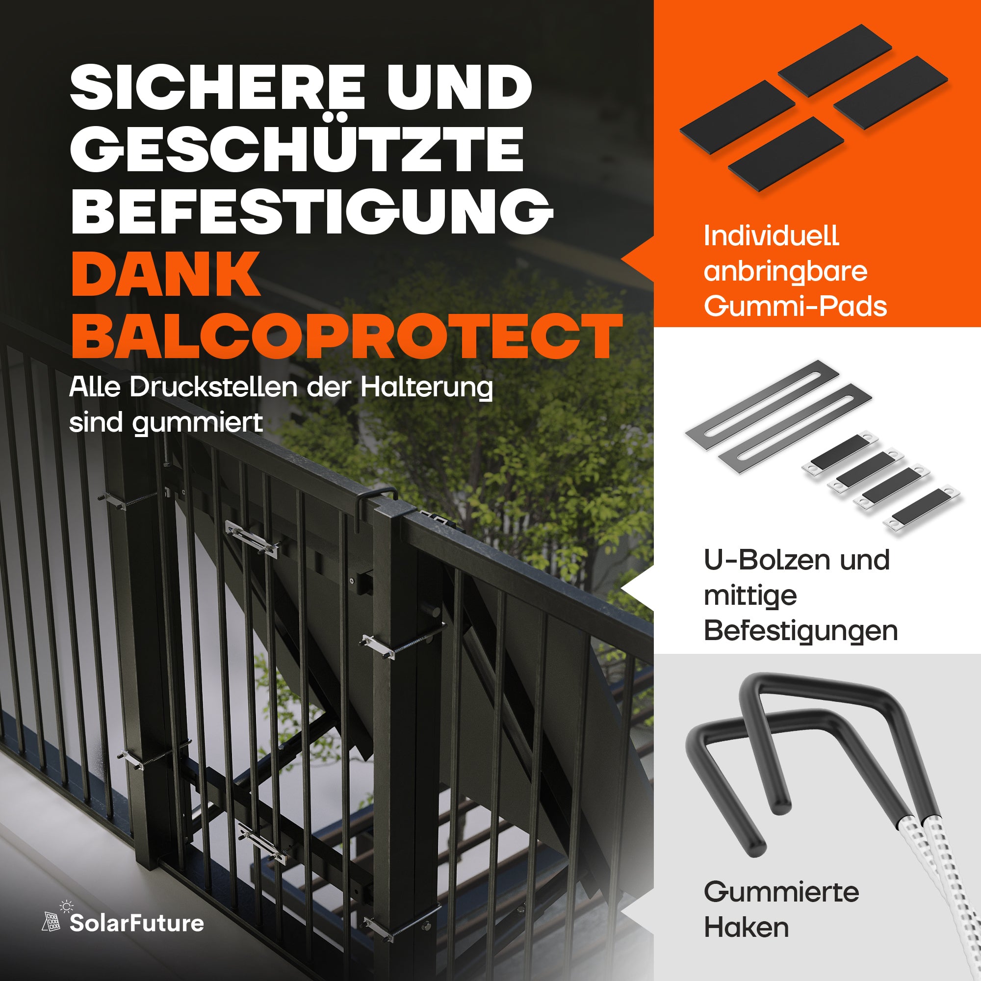 Gummierte Befestigungspunkte, U-Bolzen und Haken der Balkonkraftwerk Halterung
