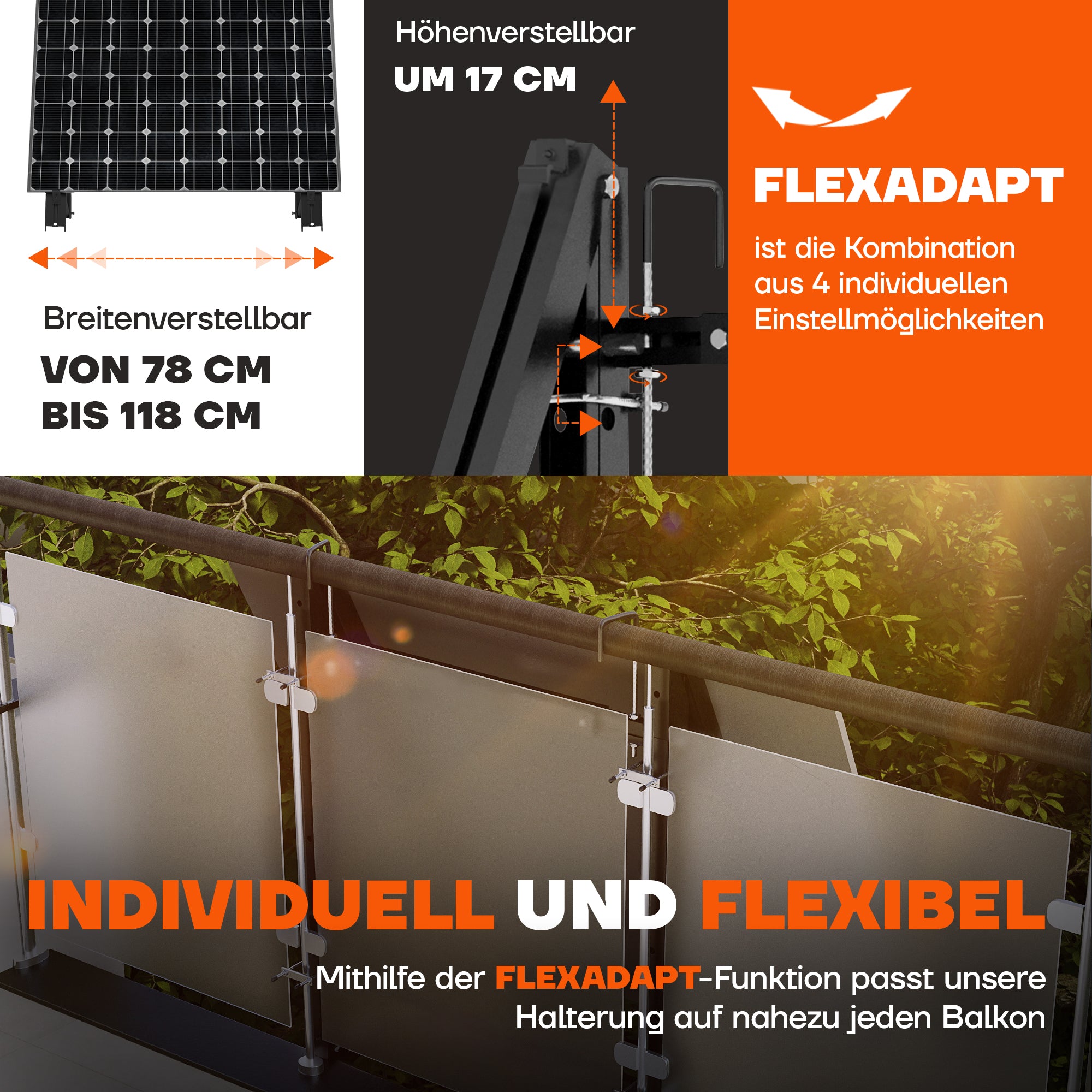 Höhen- und breitenverstellbare Balkonkraftwerk Halterung von 78 bis 118 cm
