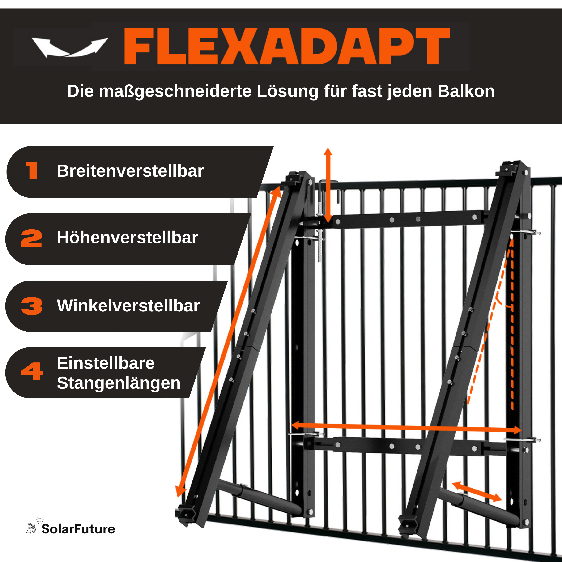 FlexAdapt: breiten-, höhen- und winkelverstellbare Balkonkraftwerk Halterung mit einstellbaren Stangenlängen