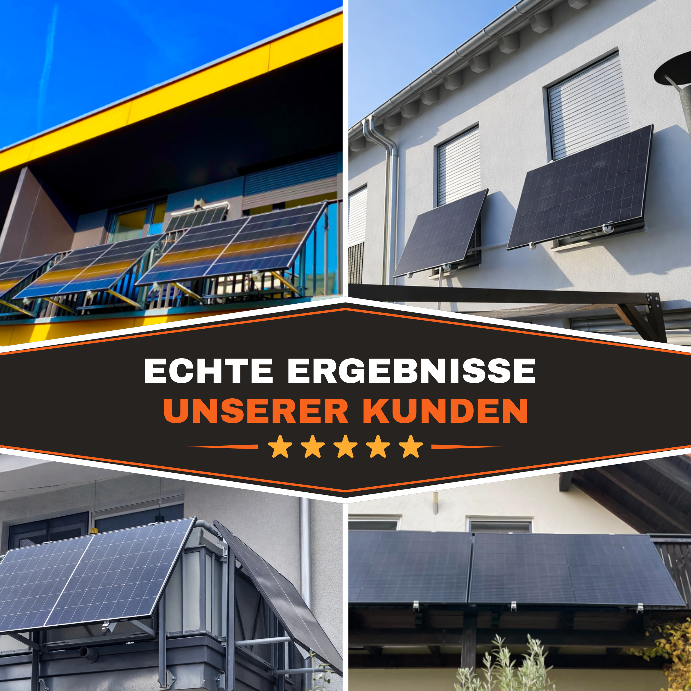 Echte Kundenfotos: SolarFuture Balkonkraftwerk-Halterungen montiert an Balkongeländer, Hausfassade und Brüstung