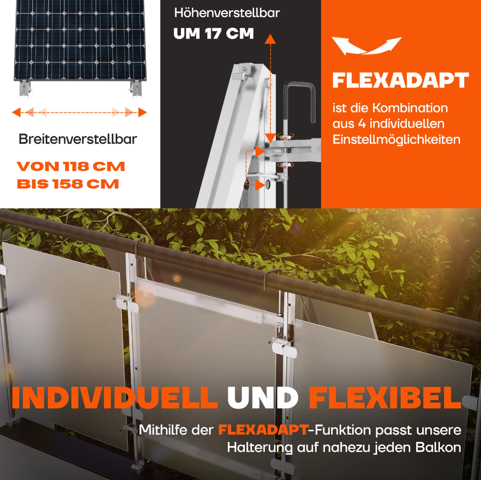 Extra breite Balkonkraftwerk Halterung, verstellbar von 118 bis 158 cm dank FlexAdapt