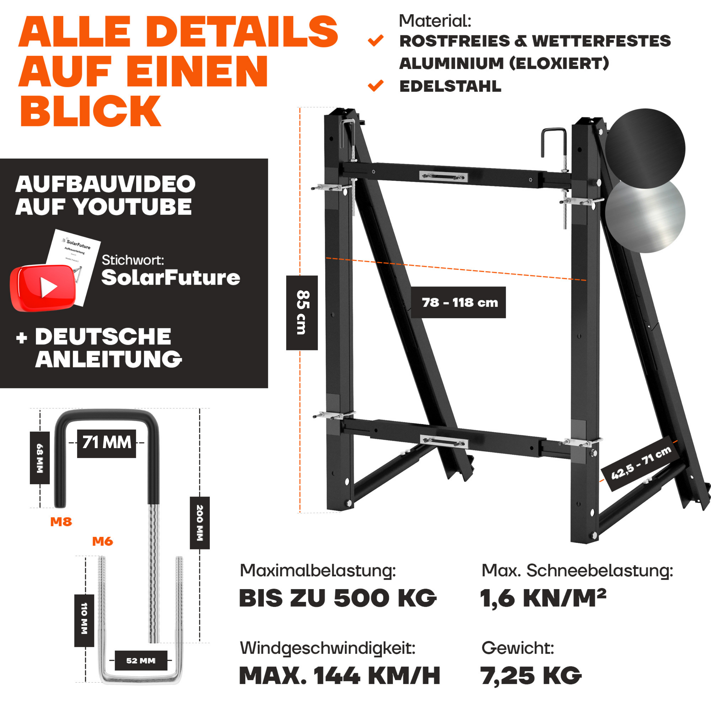 Technische Details der schwarzen Balkonkraftwerk Halterung: 78–118 cm, bis 500 kg, windgeprüft bis 144 km/h, 7,25 kg Aluminium und Edelstahl