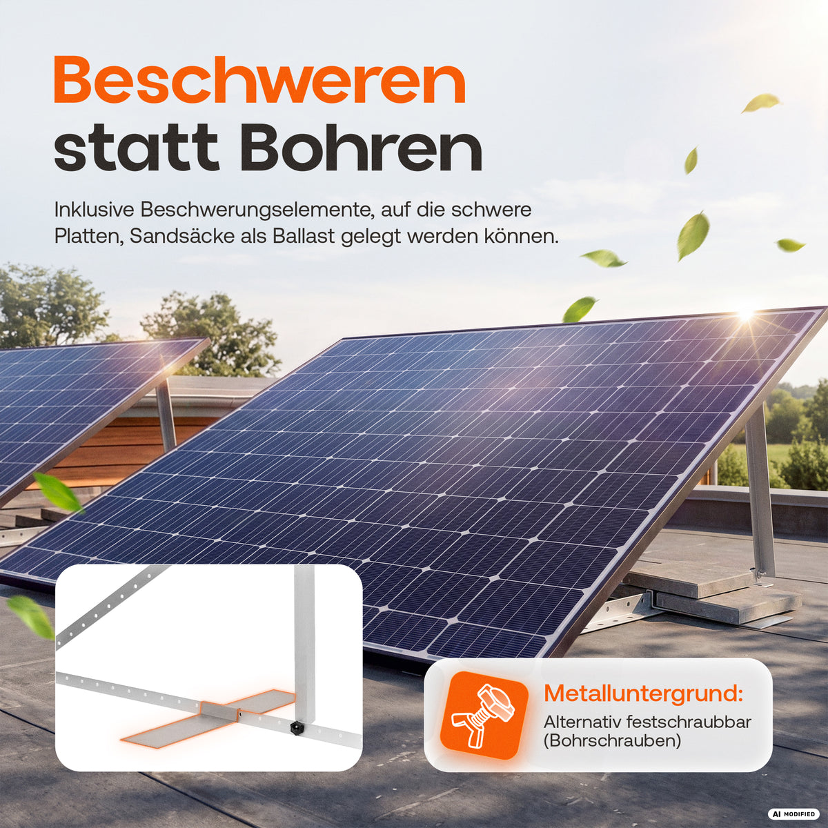 Beschweren statt Bohren: Flachdach-Halterung mit Beschwerungselement für Gehwegplatten oder Sandsäcke, Solarmodule auf einem Flachdach, alternativ auf Metalluntergrund festschraubbar